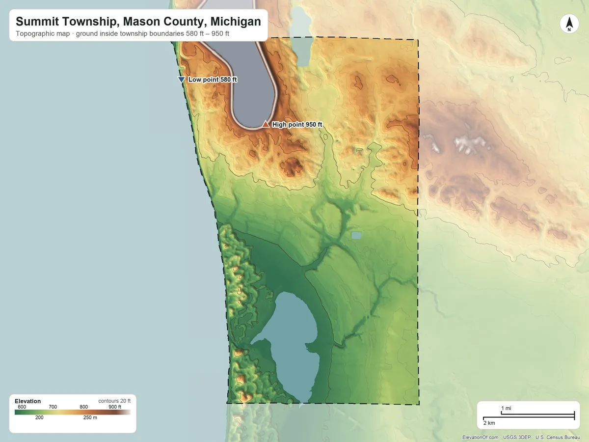 Topographic elevation map of Summit Township, Mason County, Michigan, shaded from 580 ft on the northwest side to 950 ft on the northwest side