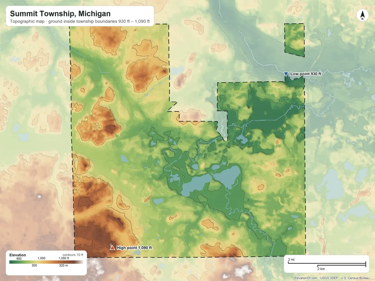 Topographic elevation map of Summit Township, Michigan, shaded from 930 ft on the east side to 1,090 ft on the southwest side