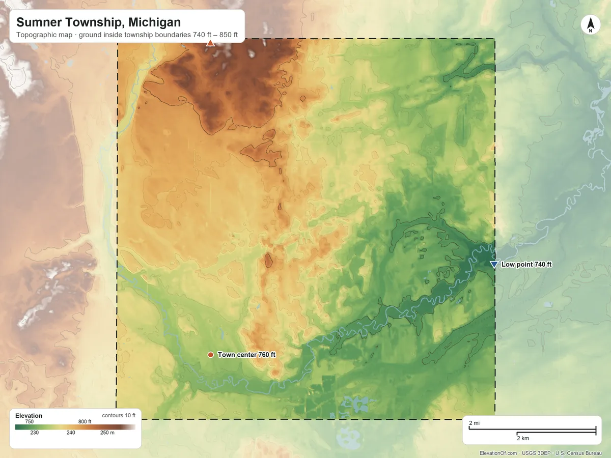 Topographic elevation map of Sumner Township, Michigan, shaded from 740 ft on the east side to 850 ft on the north side