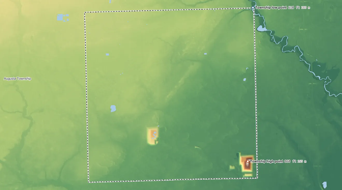 Topographic elevation map of Sumpter Township, Michigan, shaded from 610 ft on the northeast side to 860 ft on the southeast side