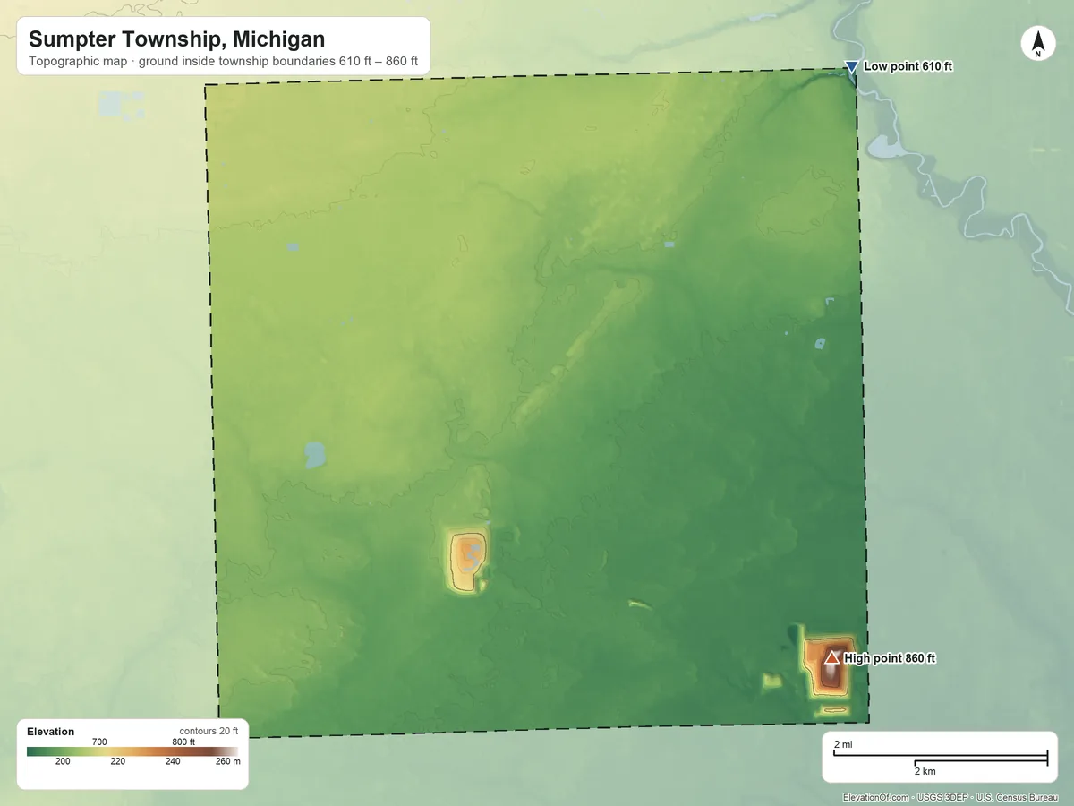 Topographic elevation map of Sumpter Township, Michigan, shaded from 610 ft on the northeast side to 860 ft on the southeast side