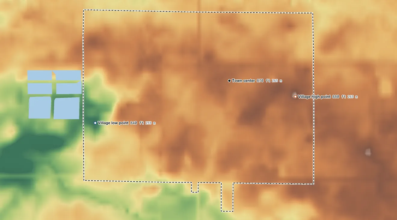 Topographic elevation map of Sunfield, Michigan, shaded from 840 ft on the west side to 880 ft on the east side