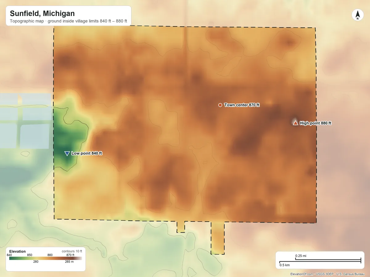 Topographic elevation map of Sunfield, Michigan, shaded from 840 ft on the west side to 880 ft on the east side