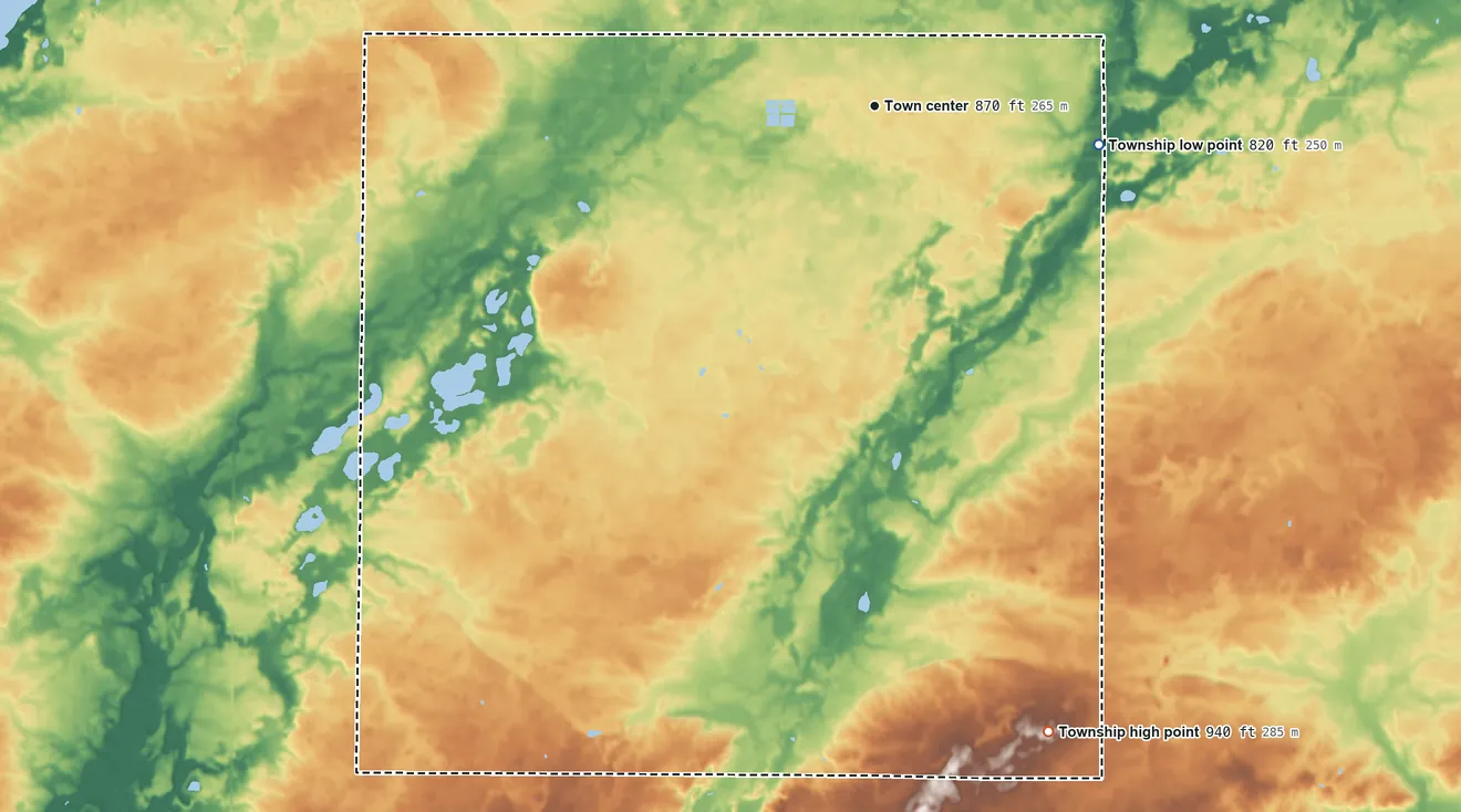 Topographic elevation map of Sunfield Township, Michigan, shaded from 820 ft on the east side to 940 ft on the south side