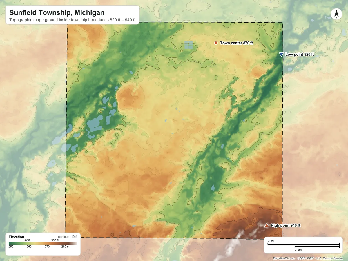 Topographic elevation map of Sunfield Township, Michigan, shaded from 820 ft on the east side to 940 ft on the south side