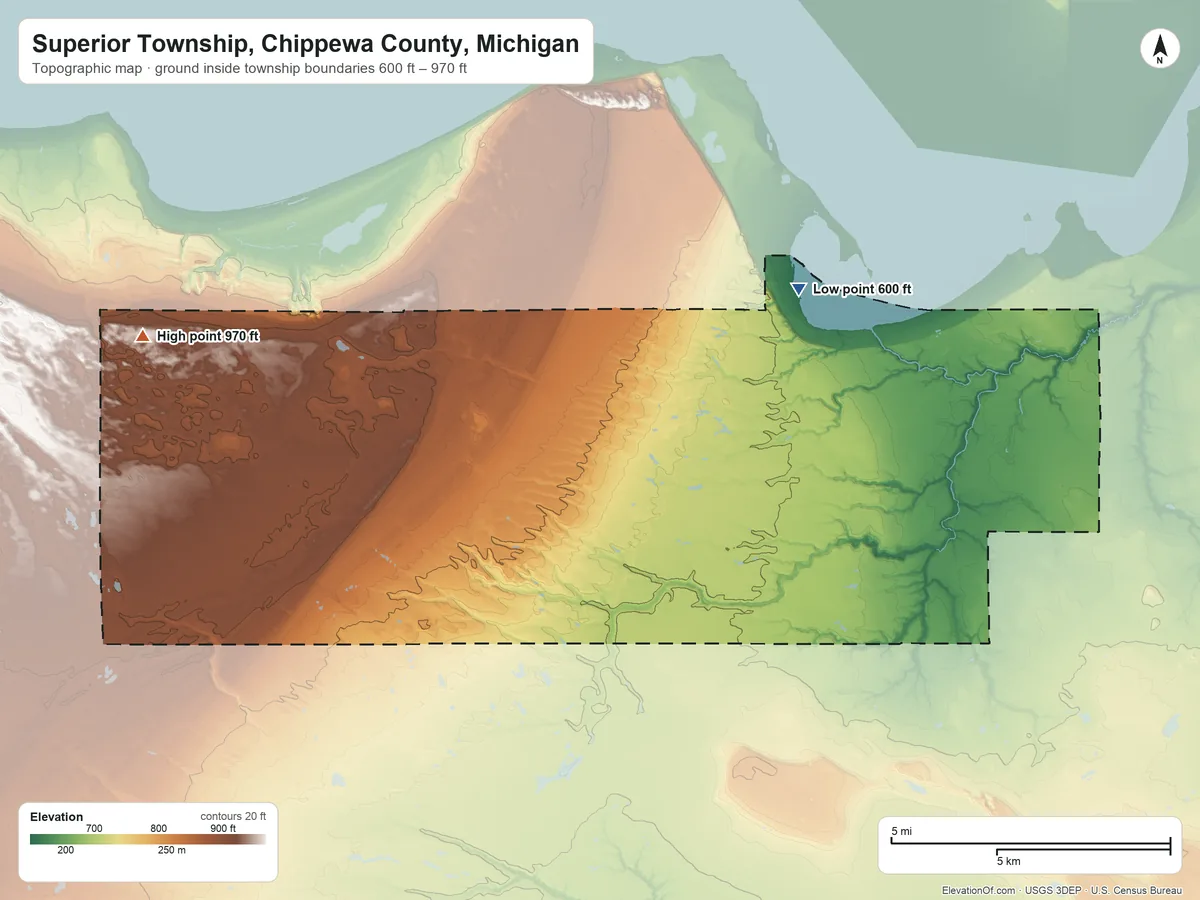 Topographic elevation map of Superior Township, Chippewa County, Michigan, shaded from 600 ft on the northwest side to 970 ft on the west side