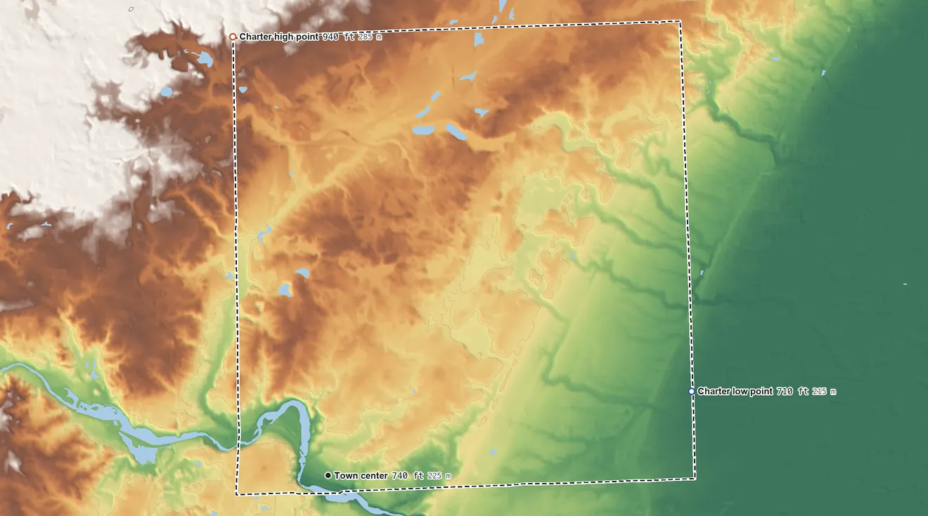 Topographic elevation map of Superior Township, Michigan, shaded from 710 ft on the east side to 940 ft on the north side