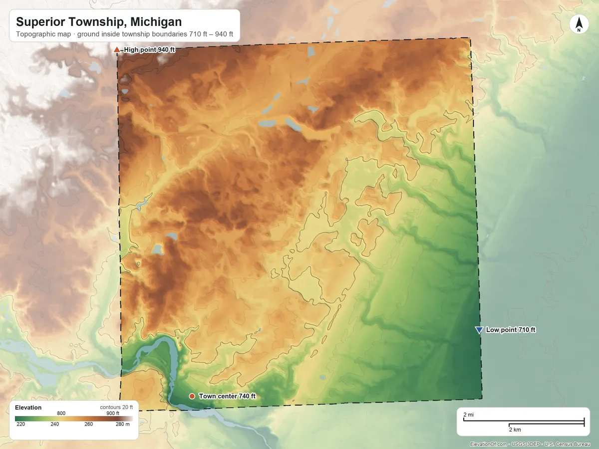 Topographic elevation map of Superior Township, Michigan, shaded from 710 ft on the east side to 940 ft on the north side