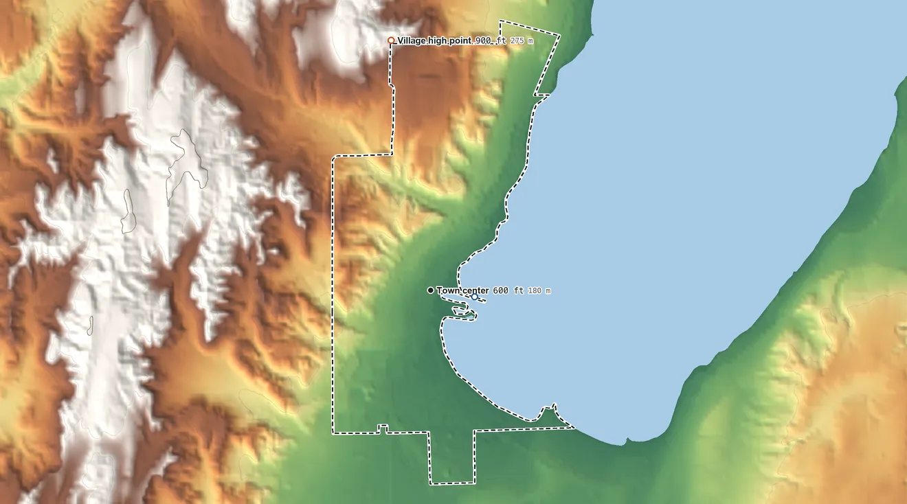 Topographic elevation map of Suttons Bay, Michigan, shaded from 580 ft near the middle to 900 ft on the north side
