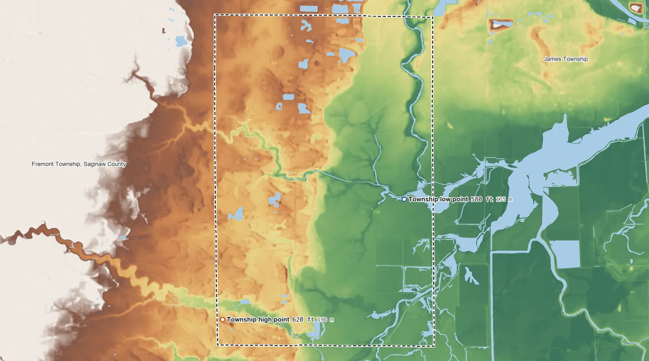 Topographic elevation map of Swan Creek Township, Michigan, shaded from 580 ft on the east side to 620 ft on the southwest side