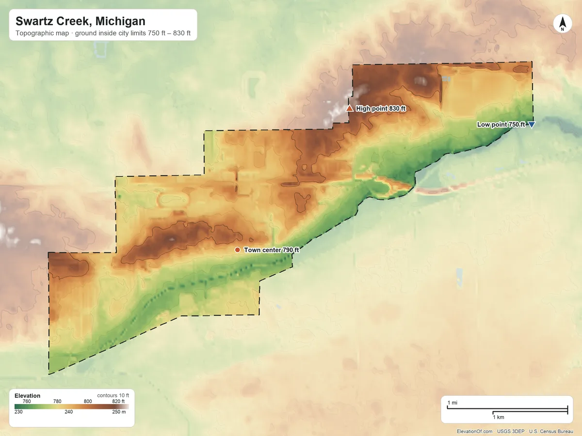 Topographic elevation map of Swartz Creek, Michigan, shaded from 750 ft on the northeast side to 830 ft on the northeast side