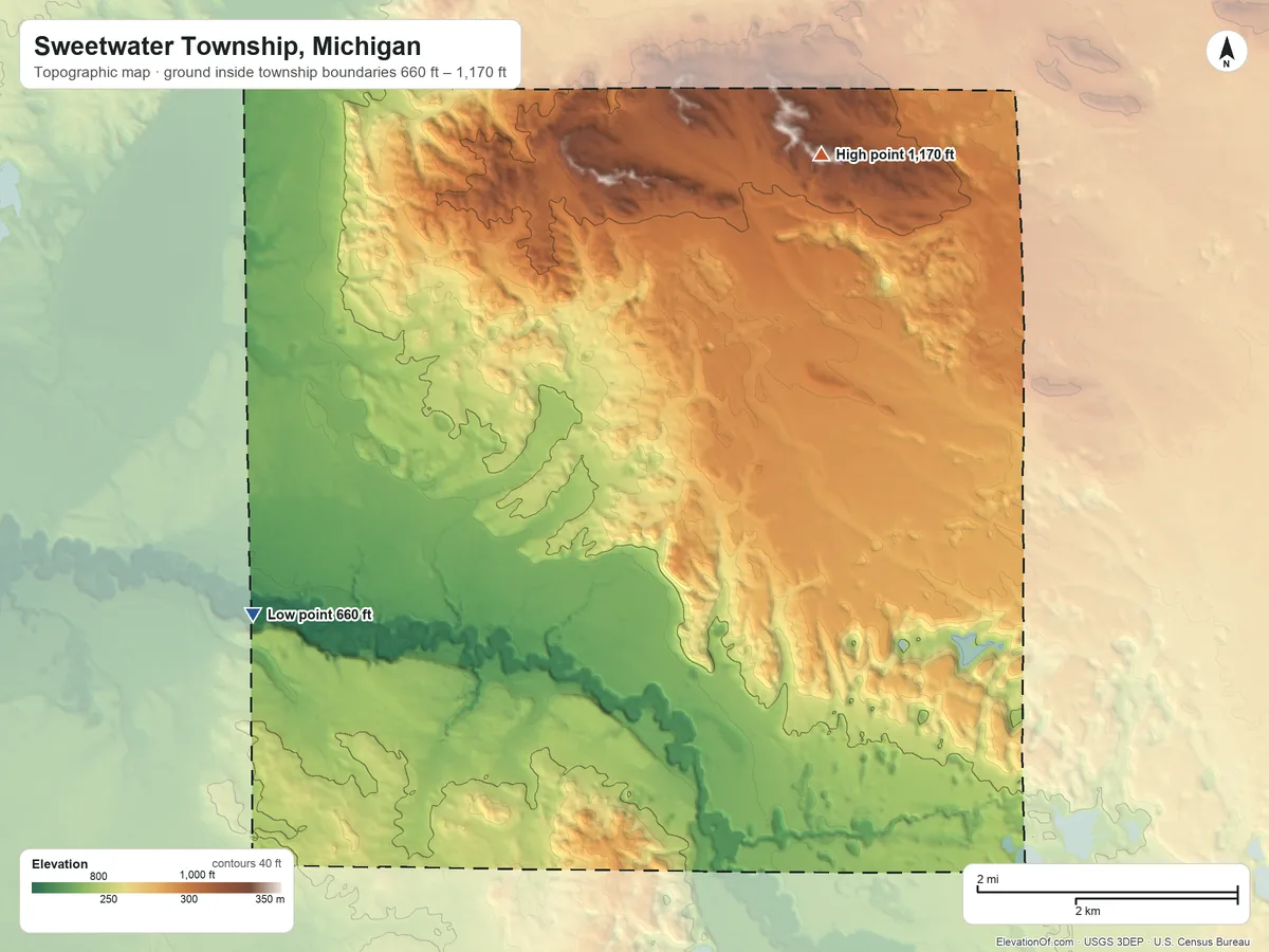 Topographic elevation map of Sweetwater Township, Michigan, shaded from 660 ft on the west side to 1,170 ft on the northeast side