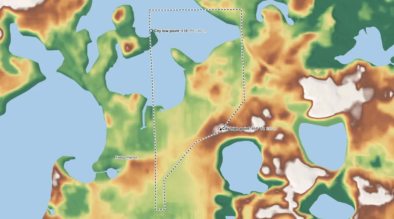 Topographic elevation map of Sylvan Lake, Michigan, shaded from 930 ft on the northwest side to 960 ft near the middle