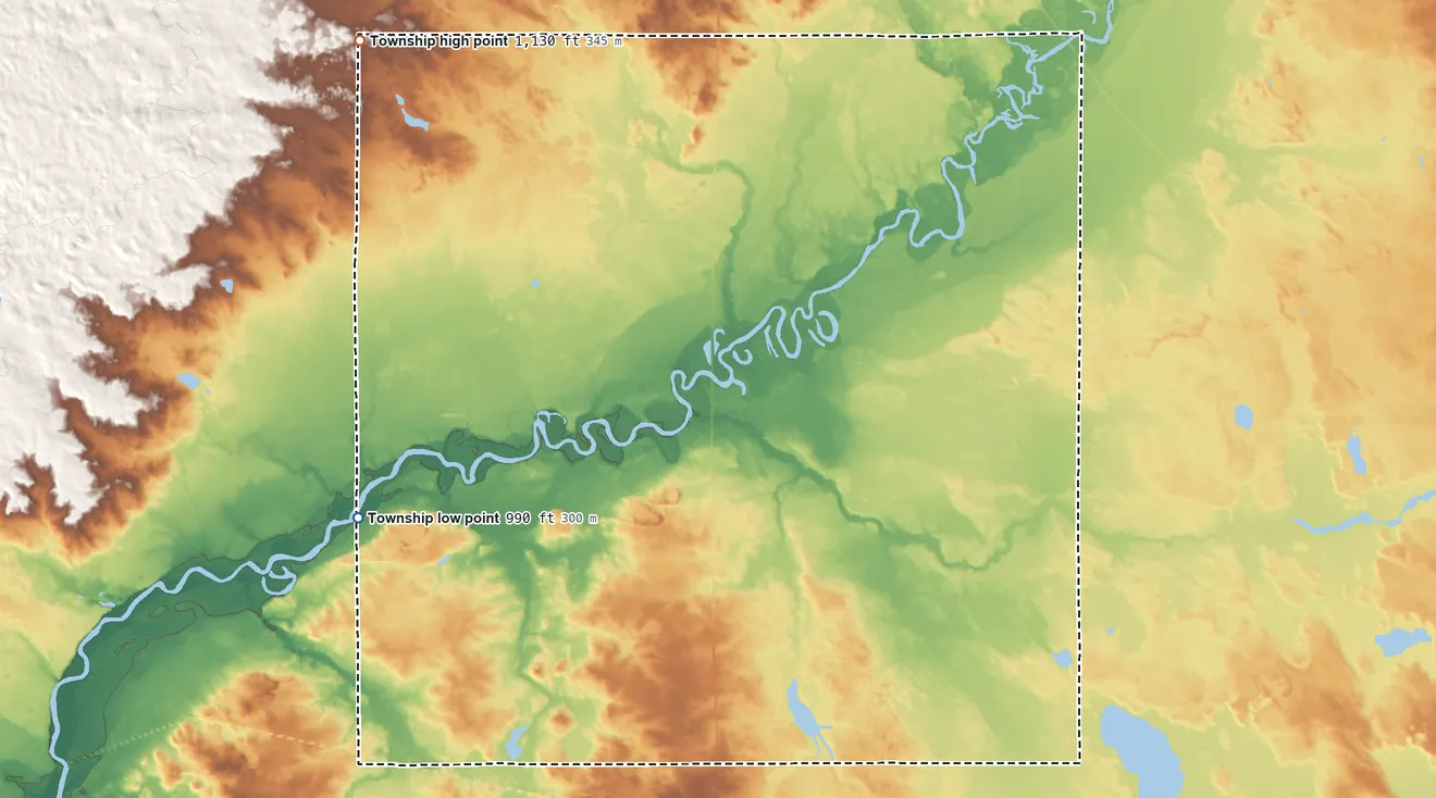 Topographic elevation map of Sylvan Township, Osceola County, Michigan, shaded from 990 ft on the west side to 1,130 ft on the northwest side