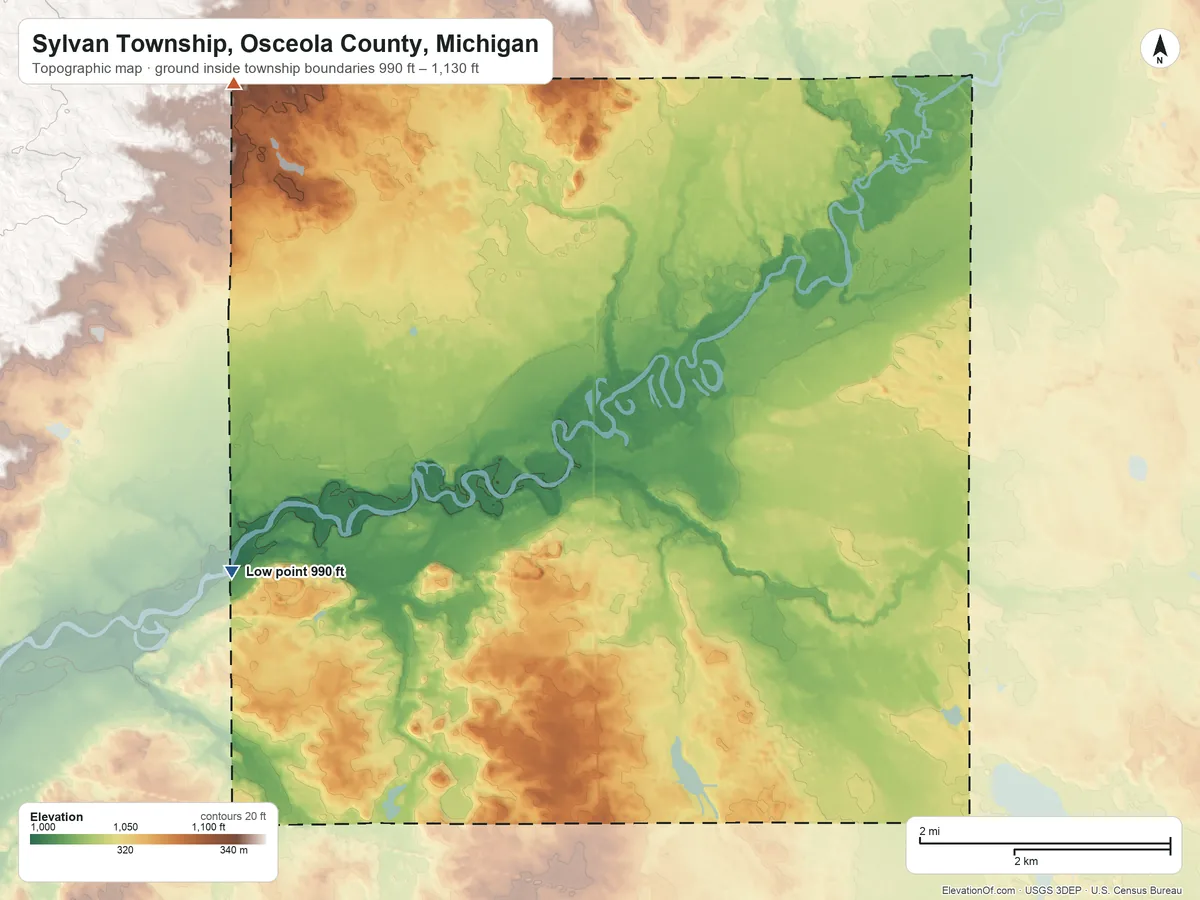 Topographic elevation map of Sylvan Township, Osceola County, Michigan, shaded from 990 ft on the west side to 1,130 ft on the northwest side