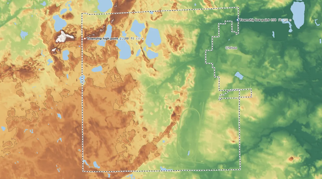 Topographic elevation map of Sylvan Township, Michigan, shaded from 890 ft on the northeast side to 1,100 ft on the northwest side