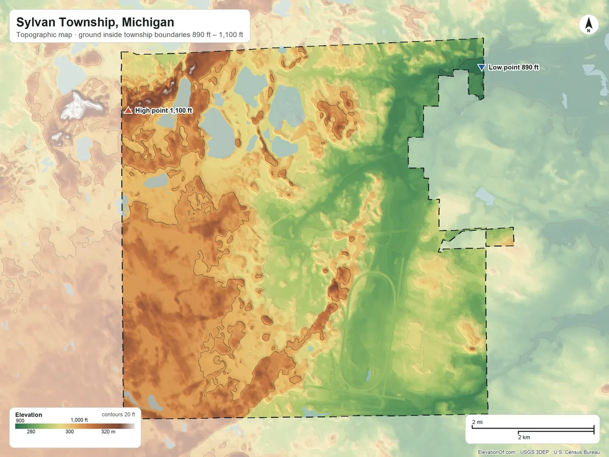 Topographic elevation map of Sylvan Township, Michigan, shaded from 890 ft on the northeast side to 1,100 ft on the northwest side