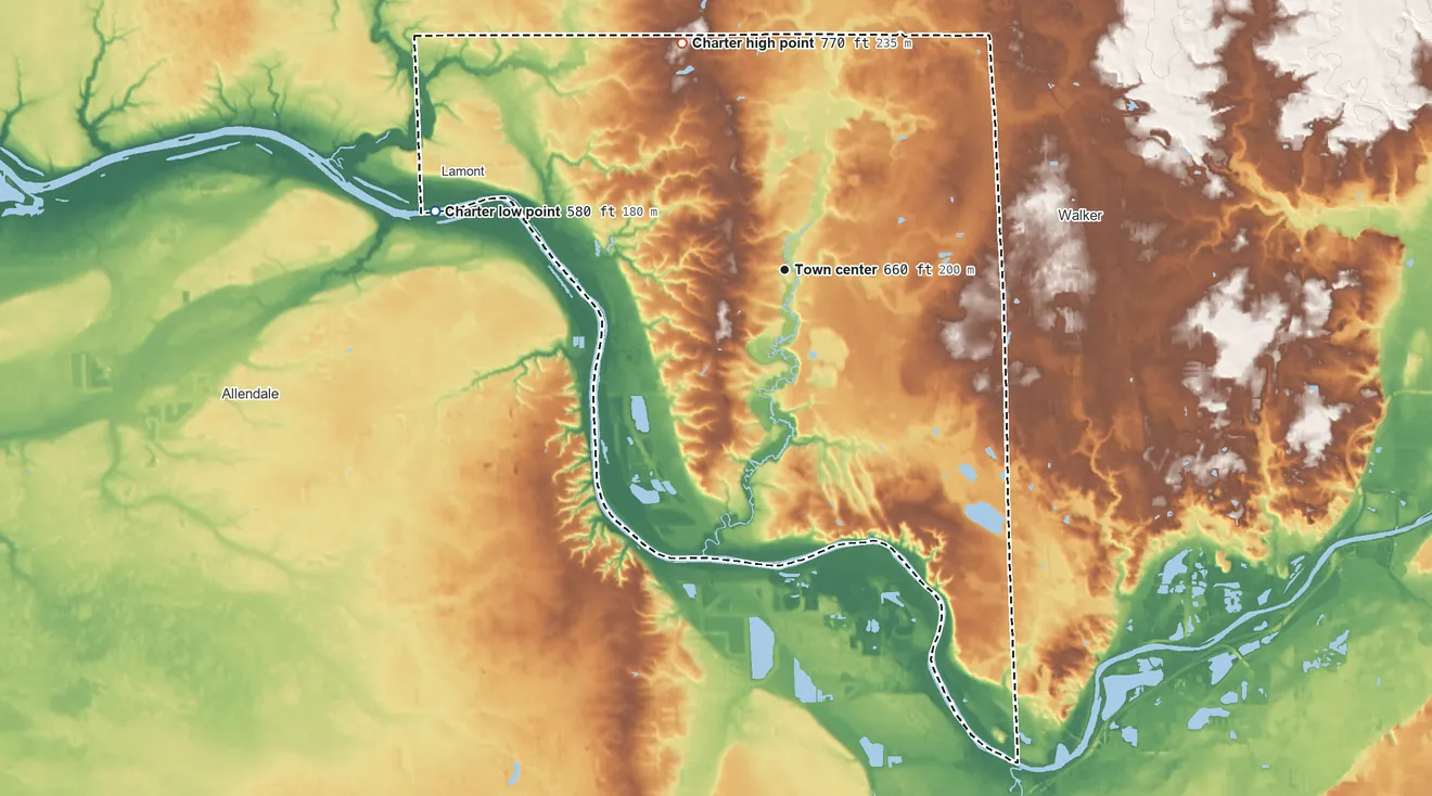 Topographic elevation map of Tallmadge Township, Michigan, shaded from 580 ft on the west side to 770 ft on the northwest side