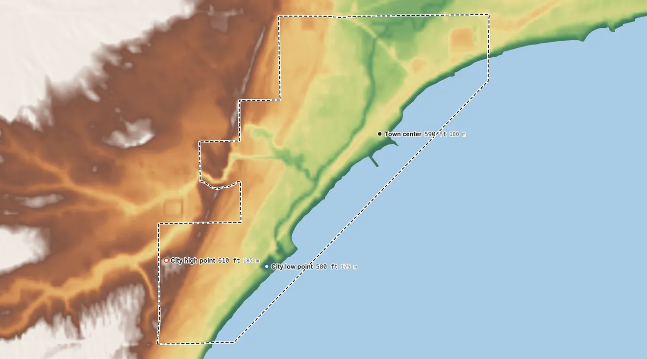 Topographic elevation map of Tawas City, Michigan, shaded from 580 ft on the southwest side to 610 ft on the southwest side