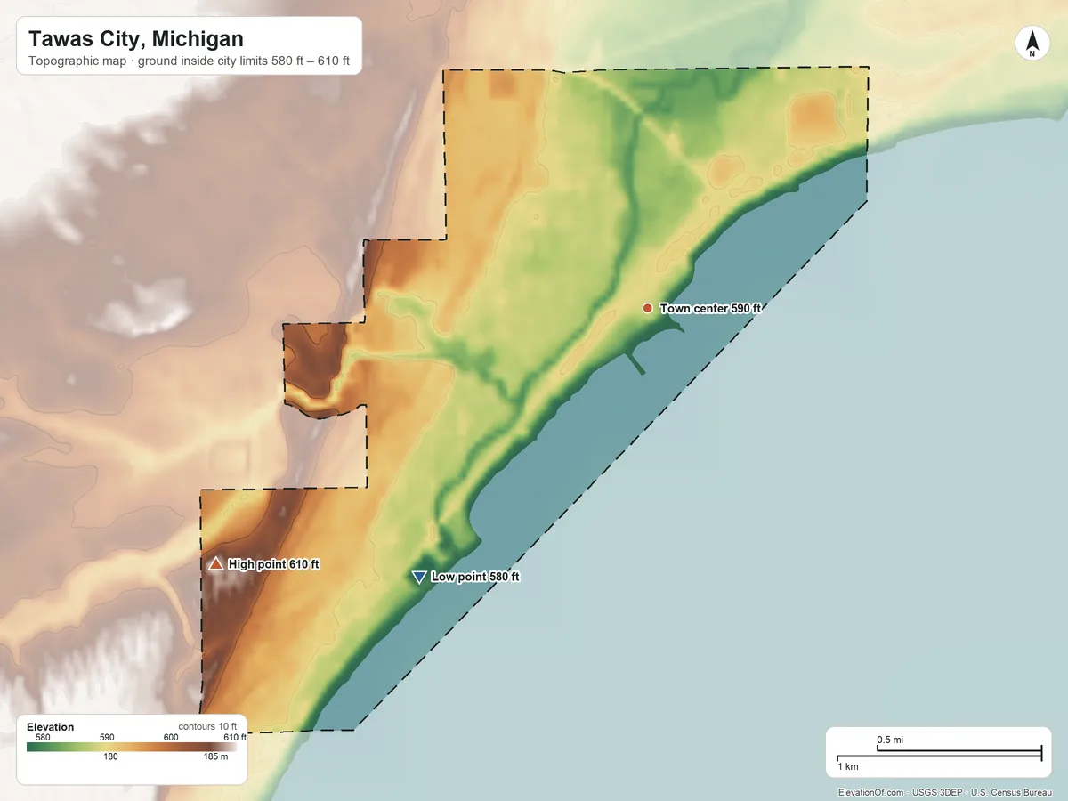 Topographic elevation map of Tawas City, Michigan, shaded from 580 ft on the southwest side to 610 ft on the southwest side