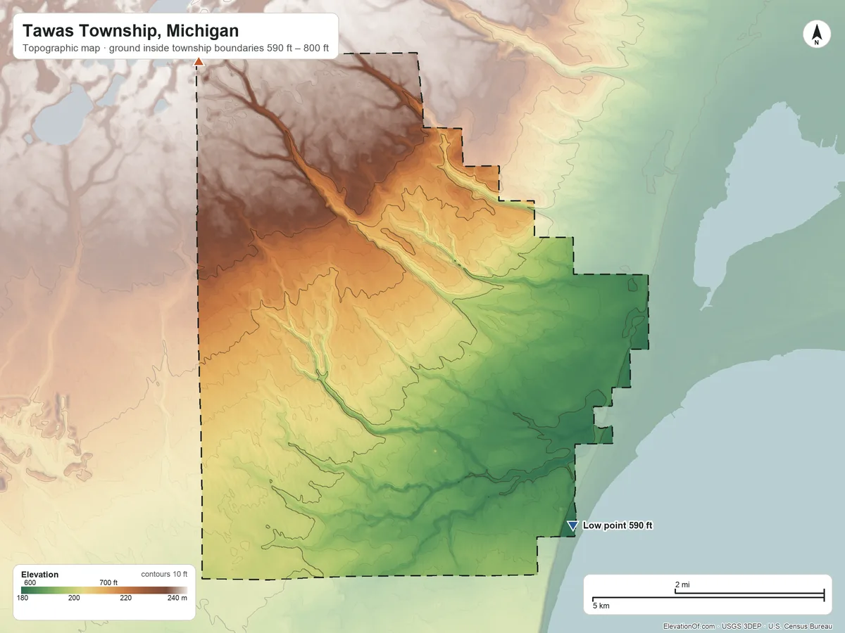 Topographic elevation map of Tawas Township, Michigan, shaded from 590 ft on the southeast side to 800 ft on the northwest side