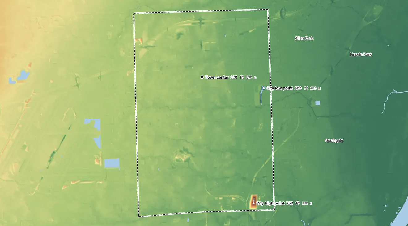 Topographic elevation map of Taylor, Michigan, shaded from 580 ft on the east side to 760 ft on the south side