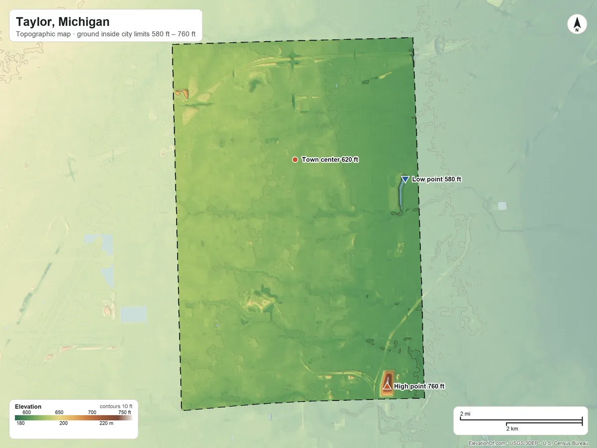 Topographic elevation map of Taylor, Michigan, shaded from 580 ft on the east side to 760 ft on the south side