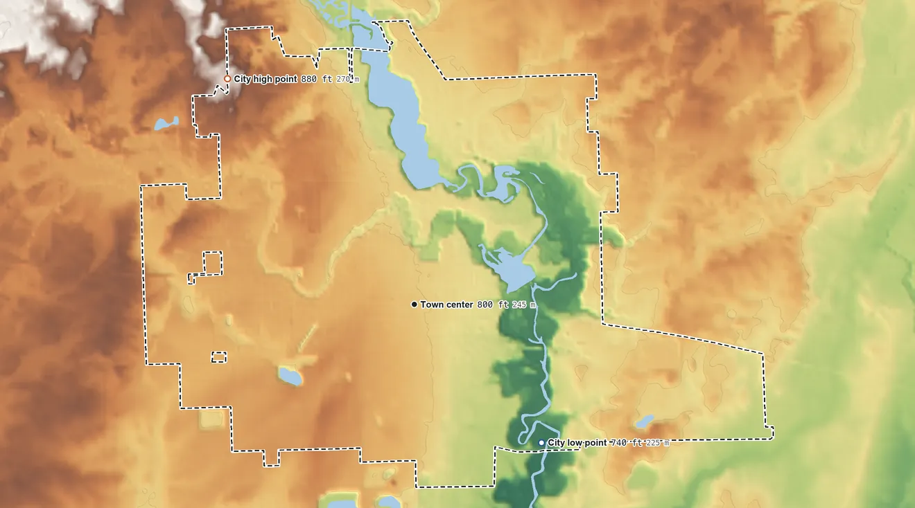 Topographic elevation map of Tecumseh, Michigan, shaded from 740 ft on the southeast side to 880 ft on the northwest side