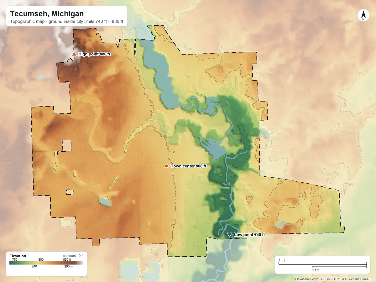 Topographic elevation map of Tecumseh, Michigan, shaded from 740 ft on the southeast side to 880 ft on the northwest side