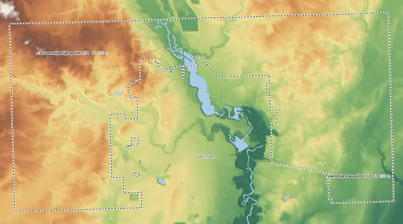 Topographic elevation map of Tecumseh Township, Michigan, shaded from 760 ft on the southeast side to 930 ft on the west side