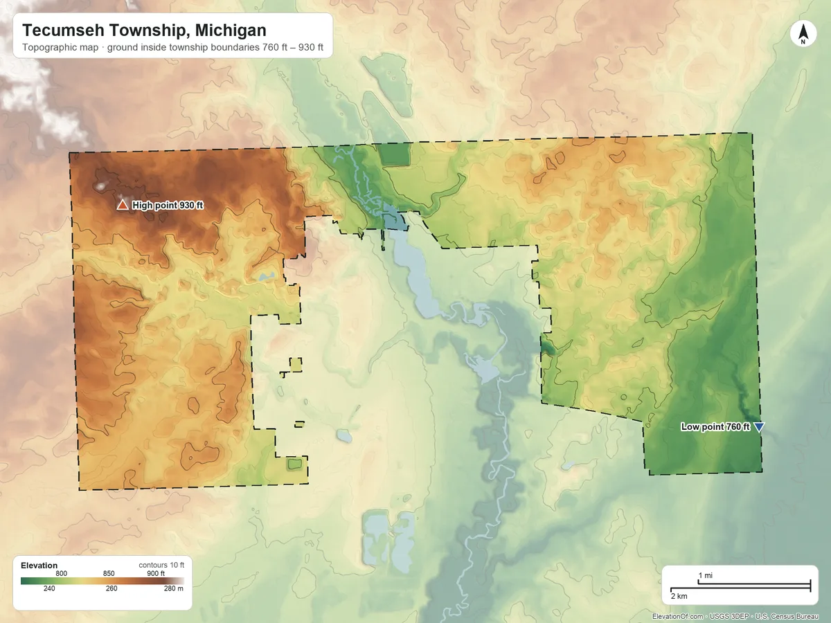Topographic elevation map of Tecumseh Township, Michigan, shaded from 760 ft on the southeast side to 930 ft on the west side