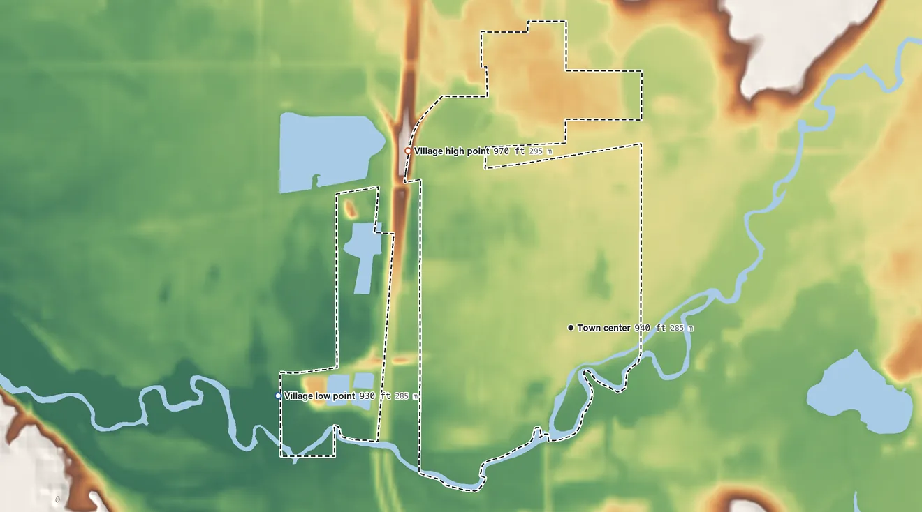 Topographic elevation map of Tekonsha, Michigan, shaded from 930 ft on the west side to 970 ft on the northwest side