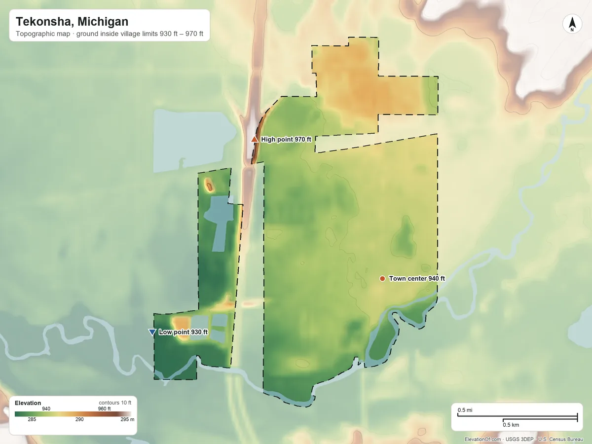 Topographic elevation map of Tekonsha, Michigan, shaded from 930 ft on the west side to 970 ft on the northwest side