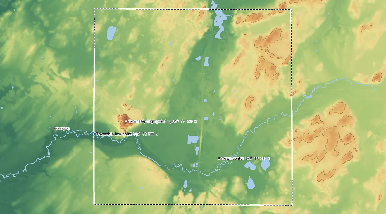 Topographic elevation map of Tekonsha Township, Michigan, shaded from 910 ft on the west side to 1,100 ft on Dixon Hill