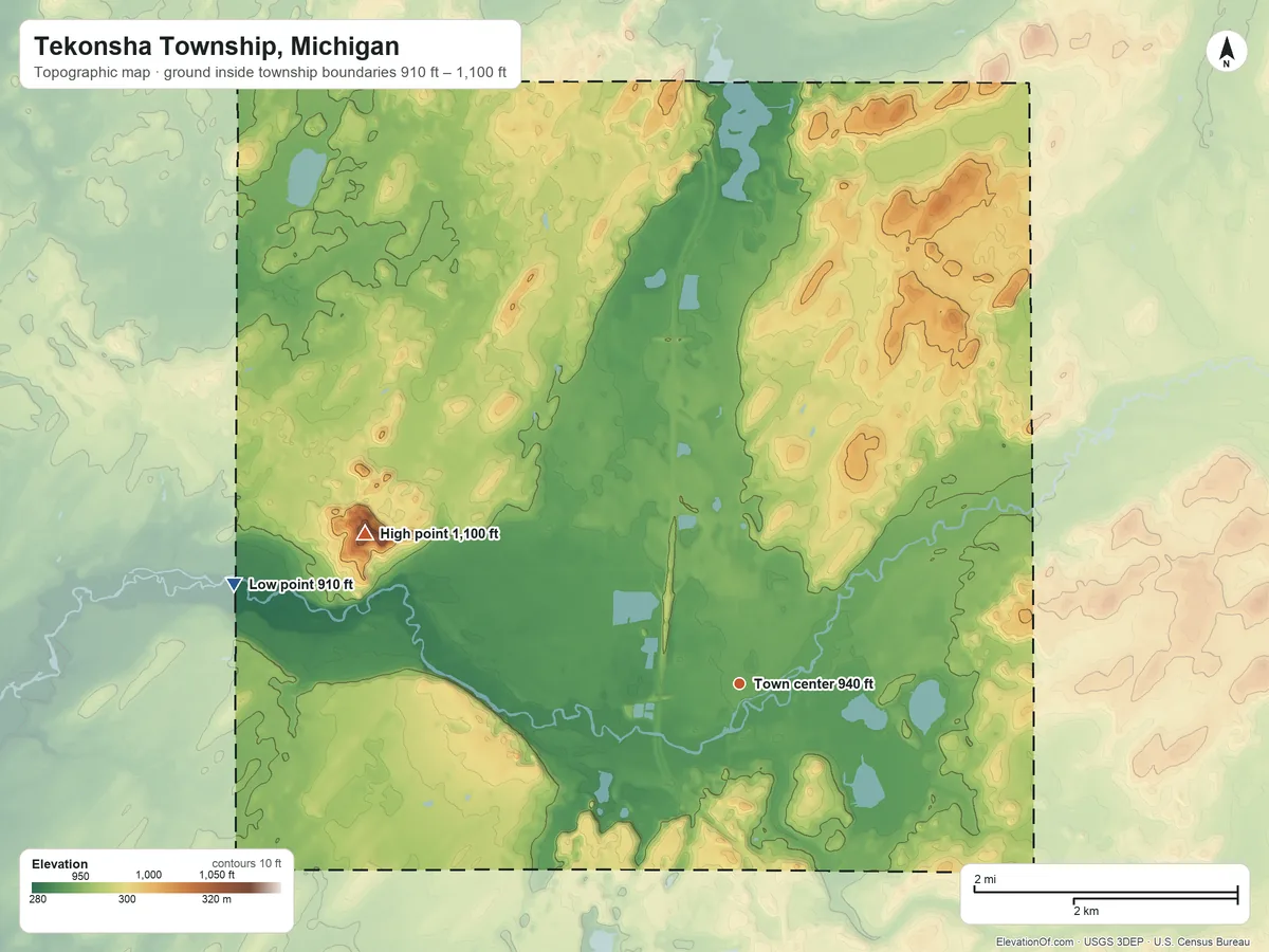 Topographic elevation map of Tekonsha Township, Michigan, shaded from 910 ft on the west side to 1,100 ft on Dixon Hill
