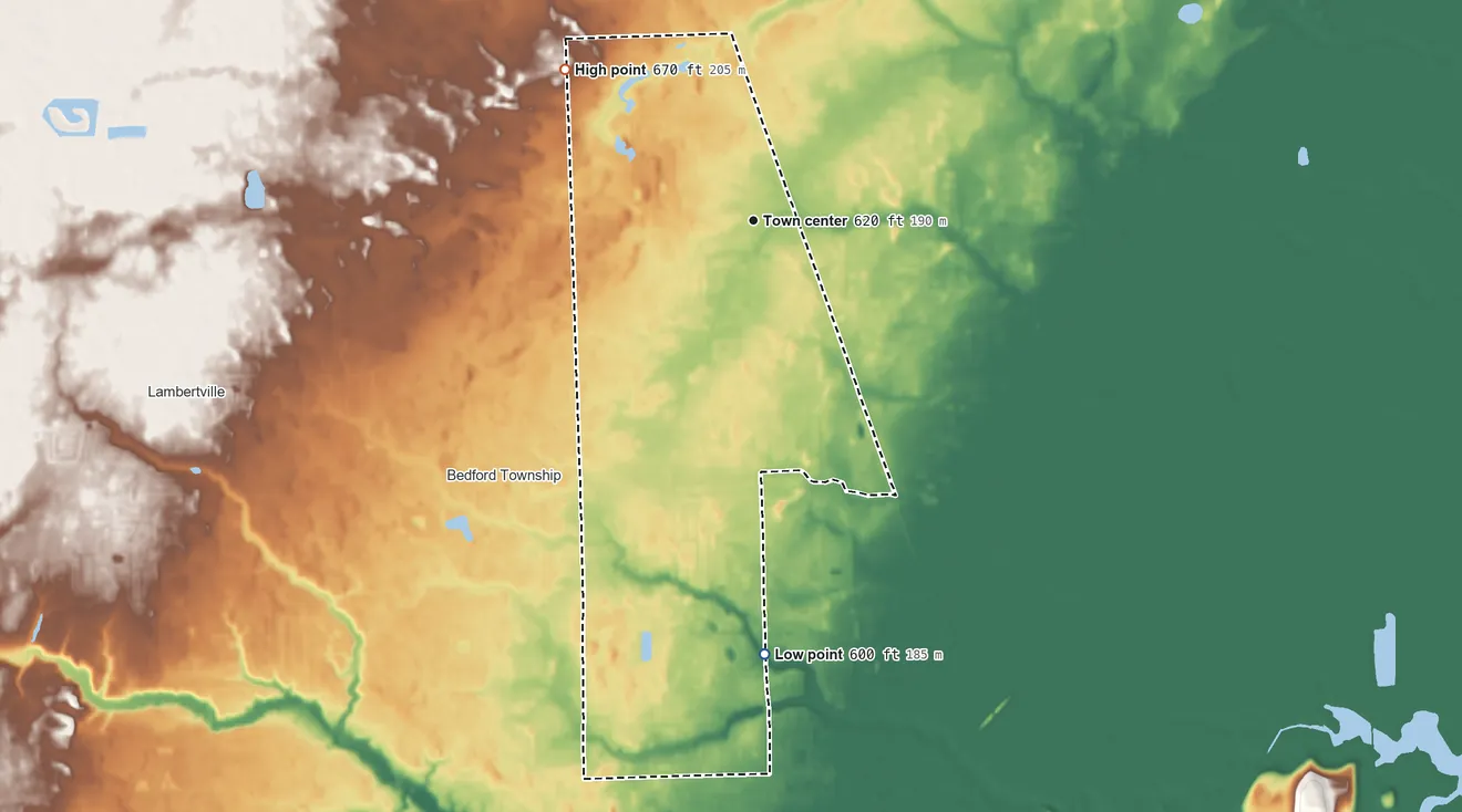Topographic elevation map of Temperance, Michigan, shaded from 600 ft on the south side to 670 ft on the northwest side