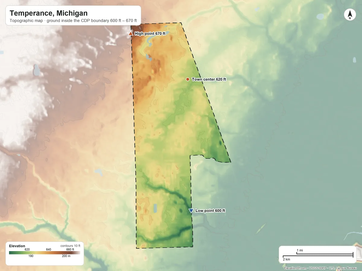 Topographic elevation map of Temperance, Michigan, shaded from 600 ft on the south side to 670 ft on the northwest side