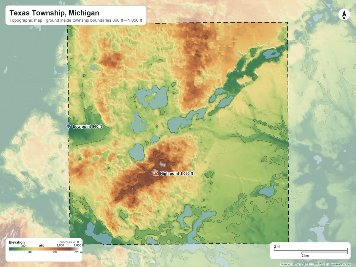 Topographic elevation map of Texas Township, Michigan, shaded from 860 ft on the west side to 1,050 ft on the southwest side