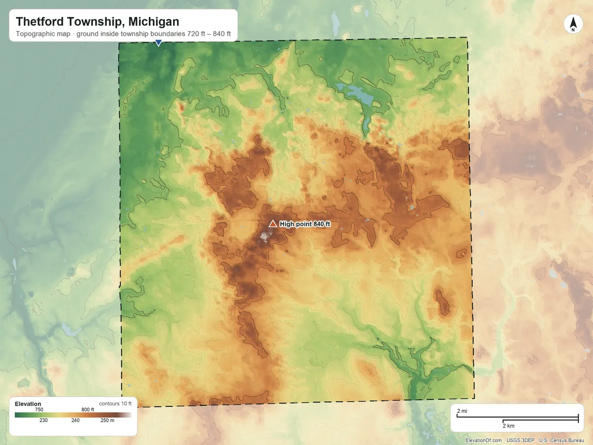 Topographic elevation map of Thetford Township, Michigan, shaded from 720 ft on the northwest side to 840 ft near the middle