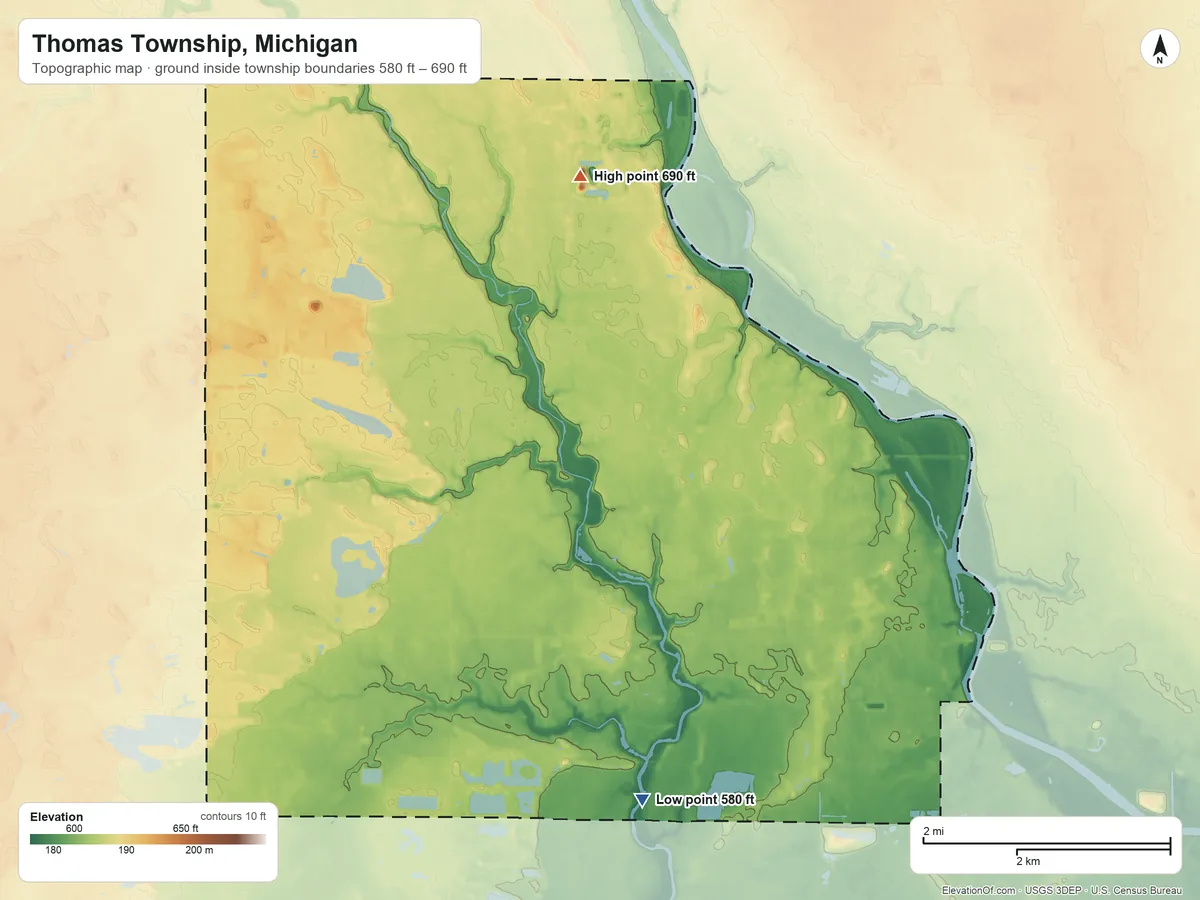 Topographic elevation map of Thomas Township, Michigan, shaded from 580 ft on the south side to 690 ft on the north side