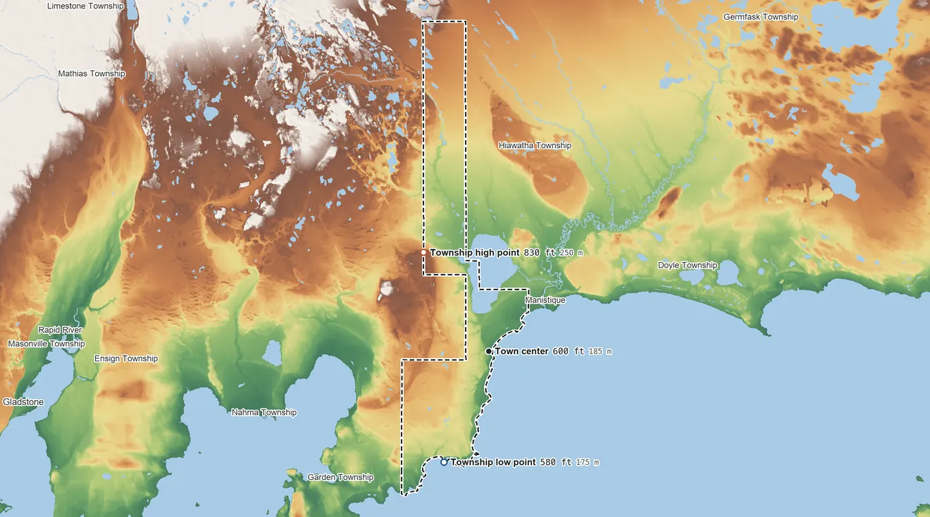 Topographic elevation map of Thompson Township, Michigan, shaded from 580 ft on the shore of Lake Michigan to 830 ft on the northwest side