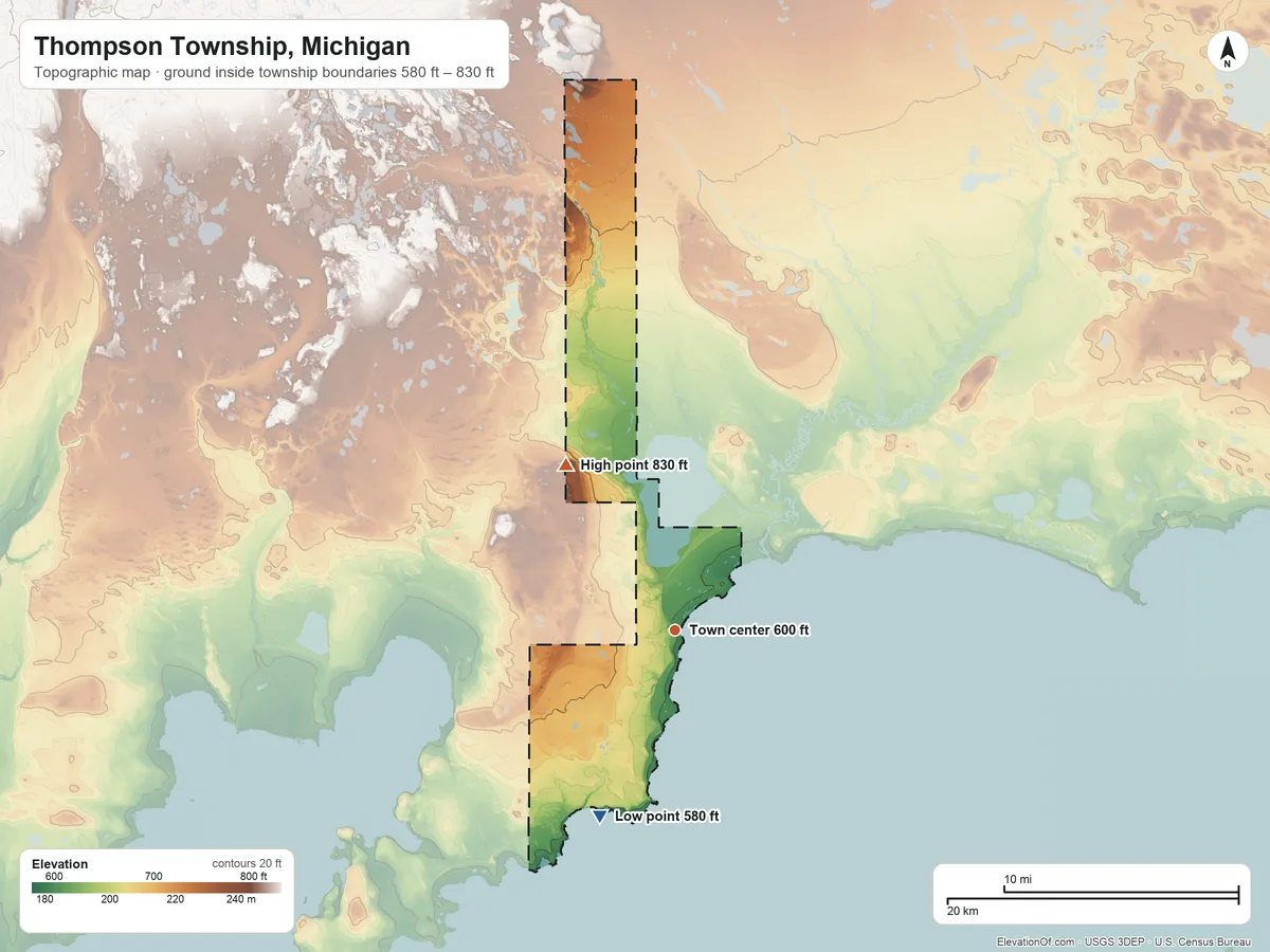 Topographic elevation map of Thompson Township, Michigan, shaded from 580 ft on the shore of Lake Michigan to 830 ft on the northwest side