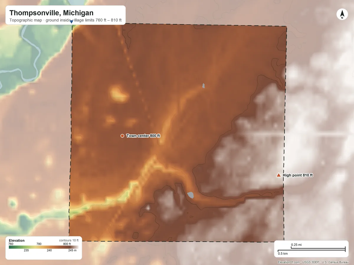 Topographic elevation map of Thompsonville, Michigan, shaded from 760 ft on the northwest side to 810 ft on the east side