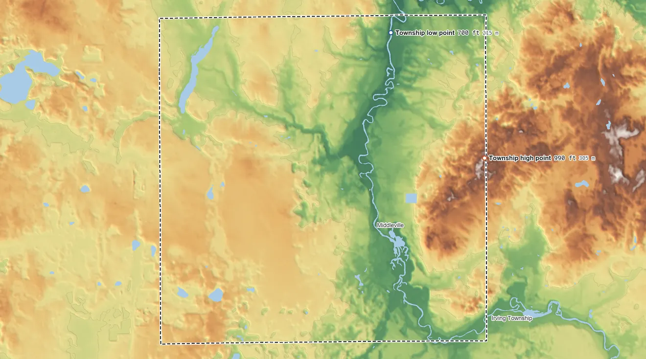 Topographic elevation map of Thornapple Township, Michigan, shaded from 700 ft on the north side to 990 ft on the east side