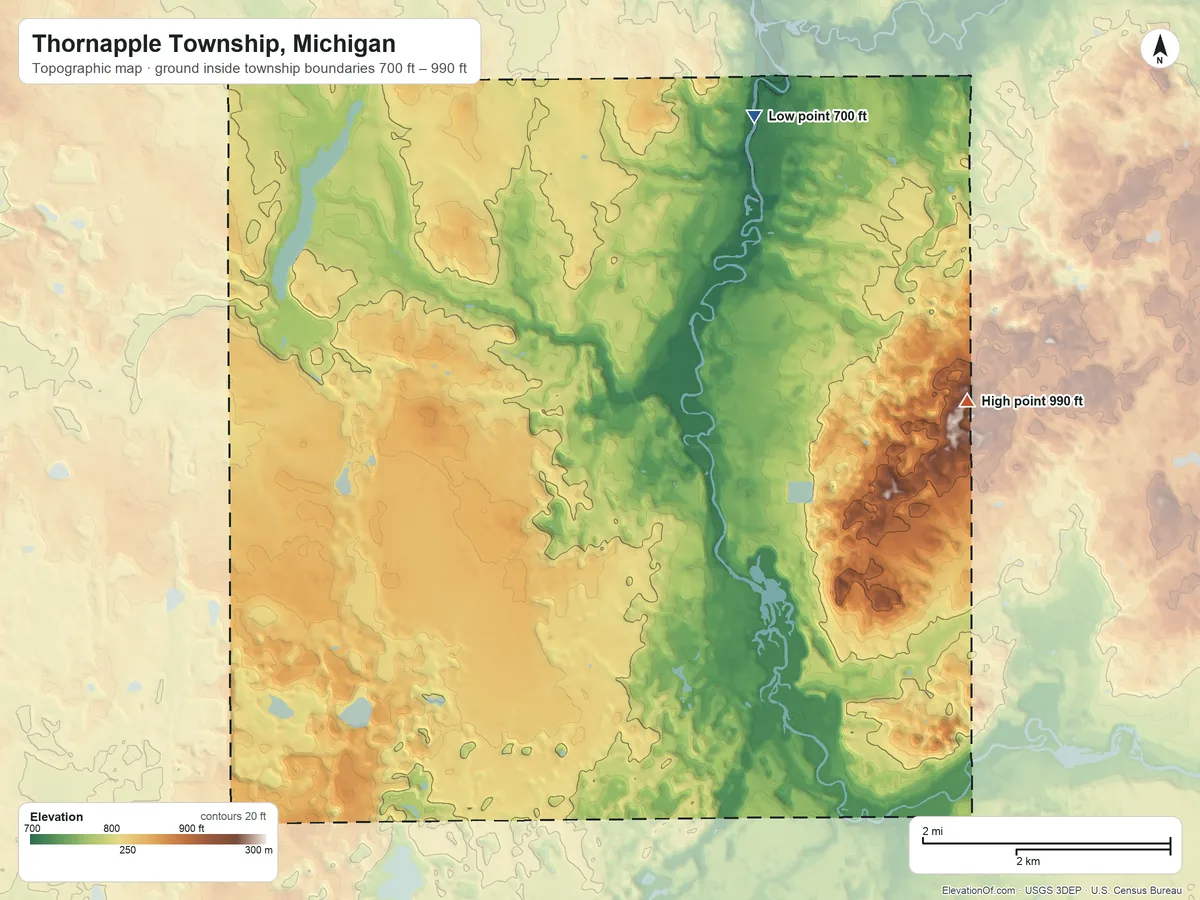 Topographic elevation map of Thornapple Township, Michigan, shaded from 700 ft on the north side to 990 ft on the east side