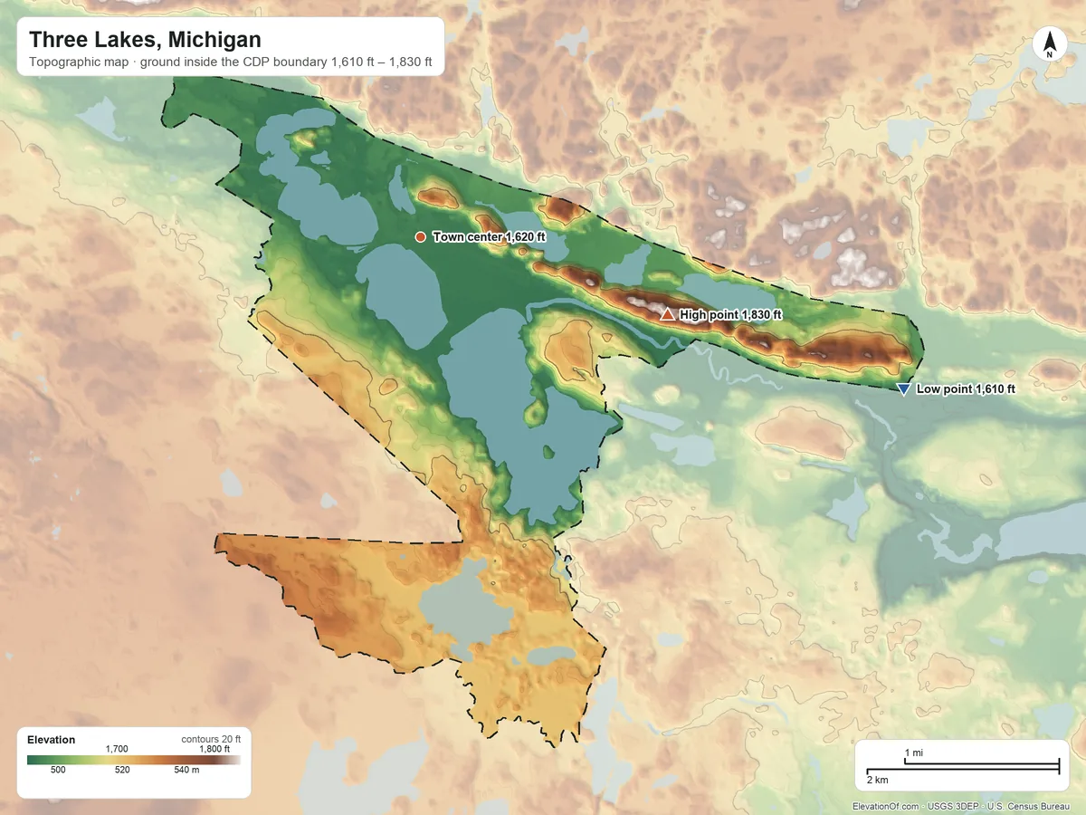 Topographic elevation map of Three Lakes, Michigan, shaded from 1,610 ft on the east side to 1,830 ft on the east side