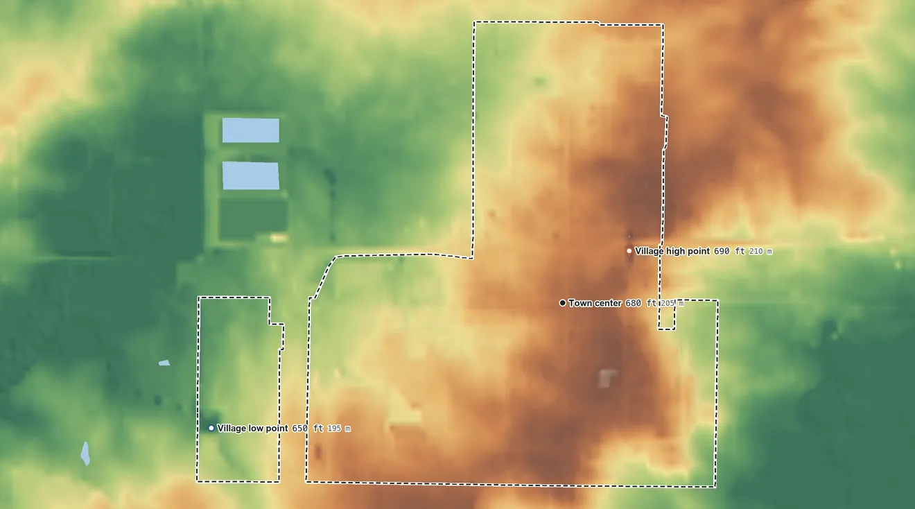 Topographic elevation map of Three Oaks, Michigan, shaded from 650 ft on the west side to 690 ft on the northeast side