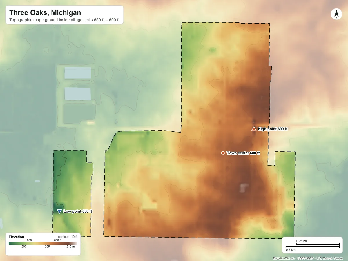 Topographic elevation map of Three Oaks, Michigan, shaded from 650 ft on the west side to 690 ft on the northeast side