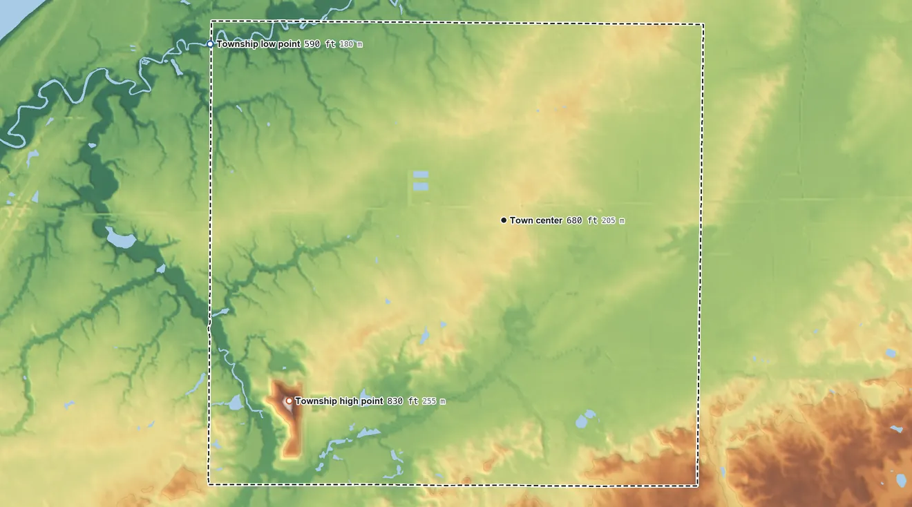 Topographic elevation map of Three Oaks Township, Michigan, shaded from 590 ft on the northwest side to 830 ft on the southwest side