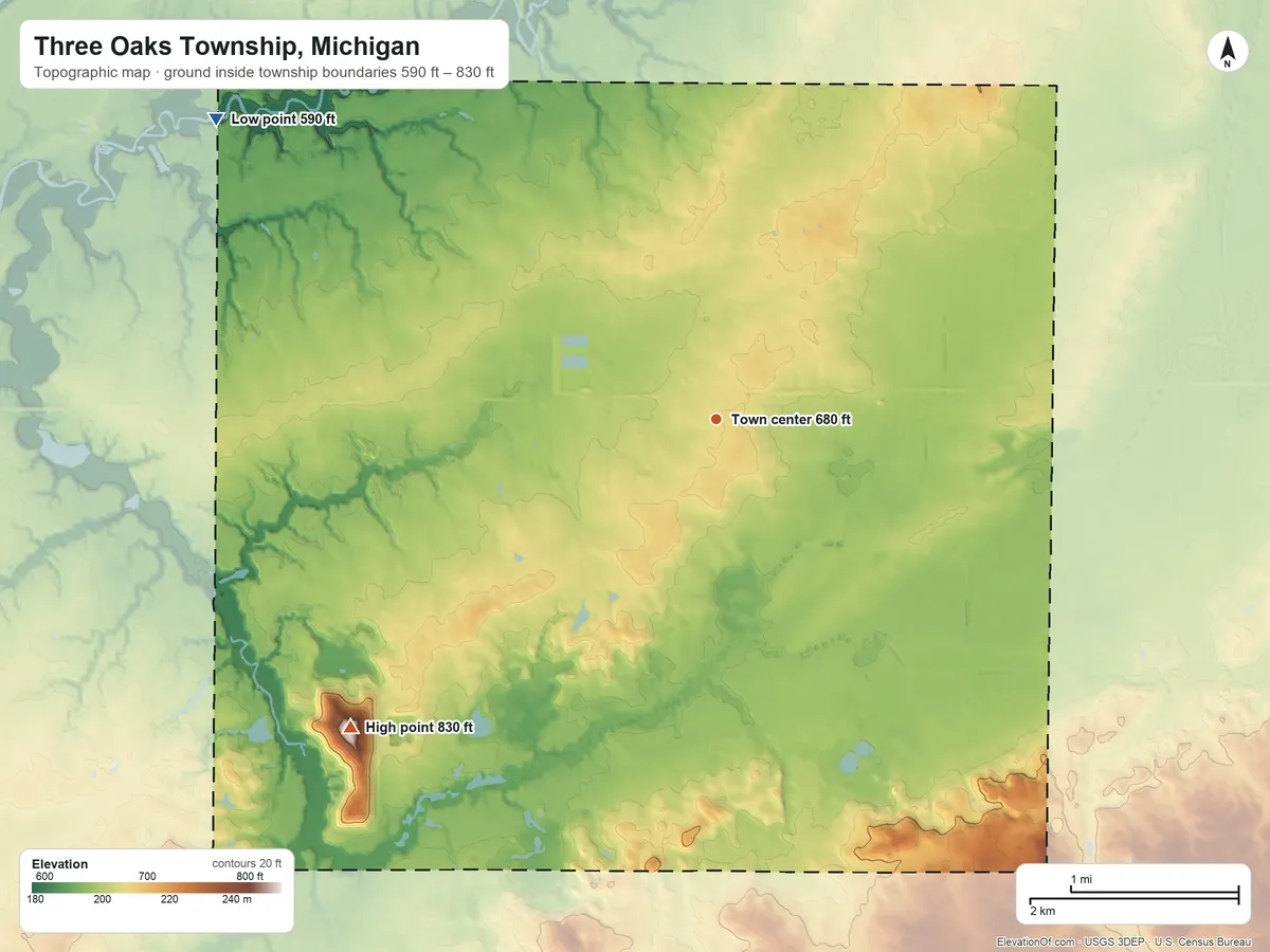 Topographic elevation map of Three Oaks Township, Michigan, shaded from 590 ft on the northwest side to 830 ft on the southwest side